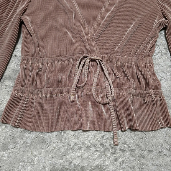 ZARA Balloon Sleeve Accordian Pleated Surplice Front Peplum Top, Taupe Color, S - Picture 10 of 14